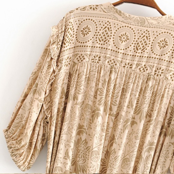Boho 60’s Floral Gypsy Print Ruffle Dress Tan Nude - Picture 11 of 16